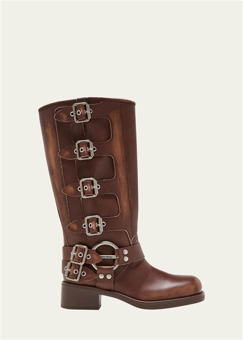 Miu Miu Leather Harness Buckle Biker Boots 